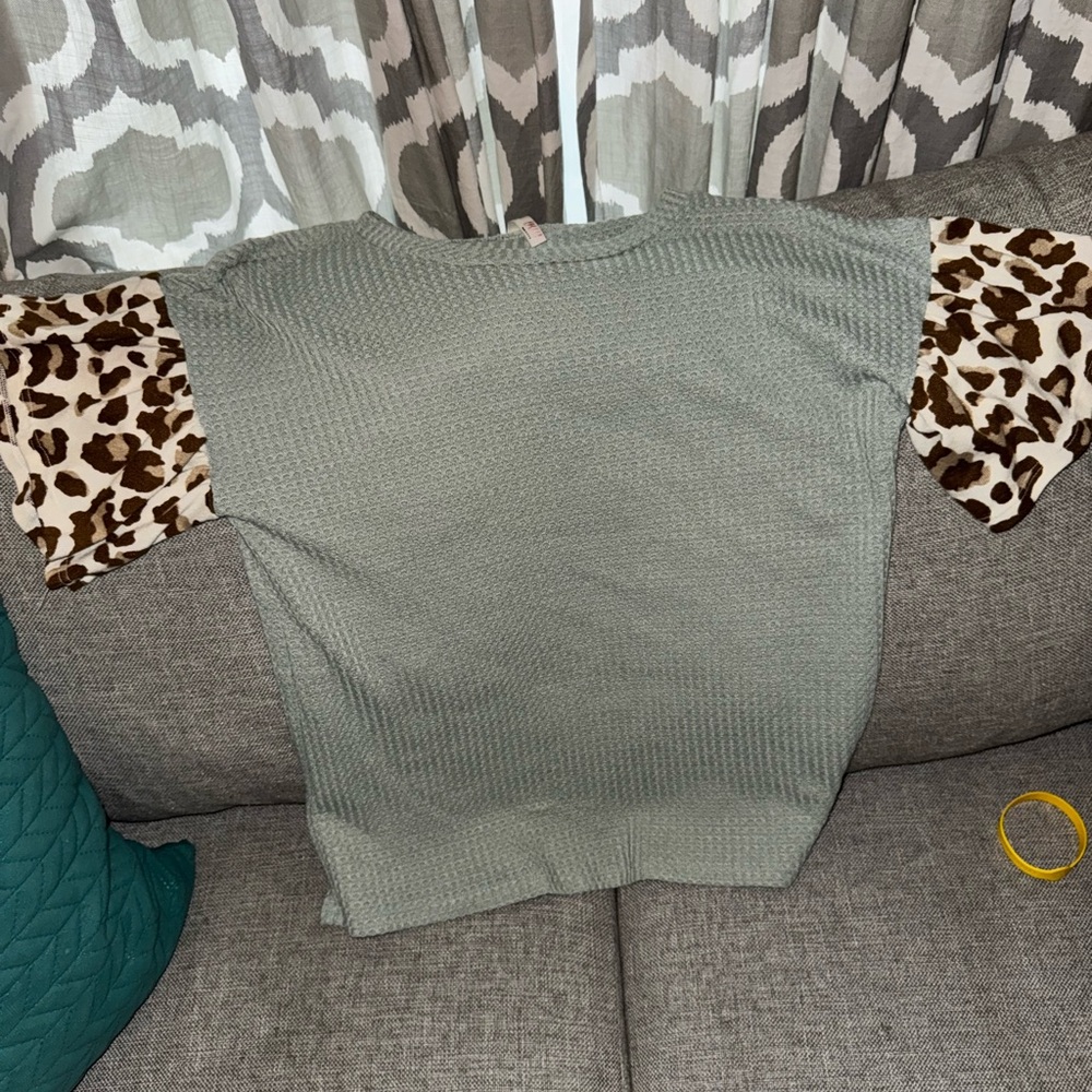 Gray Top with Leopard Print Sleeves